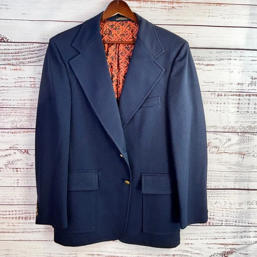 Vintage‎ Wide Lapel Preppy Navy Blue Blazer 38/40R Gold Buttons Hopsack Summer